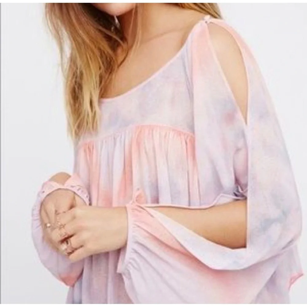 Free People Cold Shoulder Tunic Women XS Pink Tie Dye Boho Long Sleeve Top